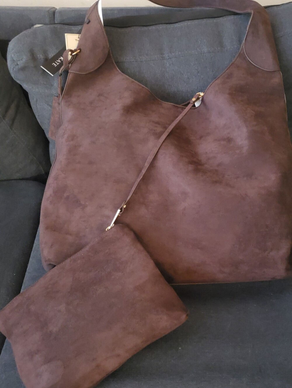 Large Chocolate Brown Vegan Suede Hobo With Matching Pouch NWT